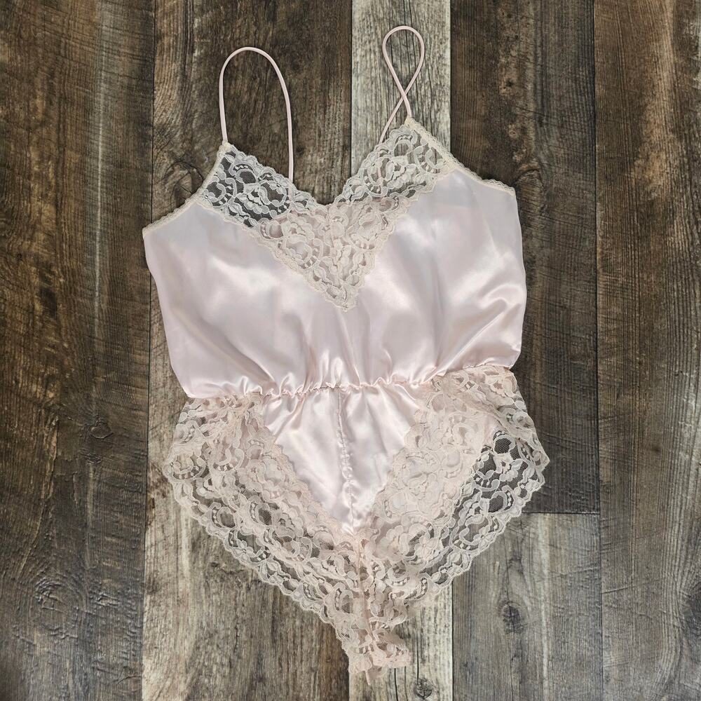 Vintage Pink Satin Lace Teddy Bodysuit 80s Romantic Lingerie Size 34